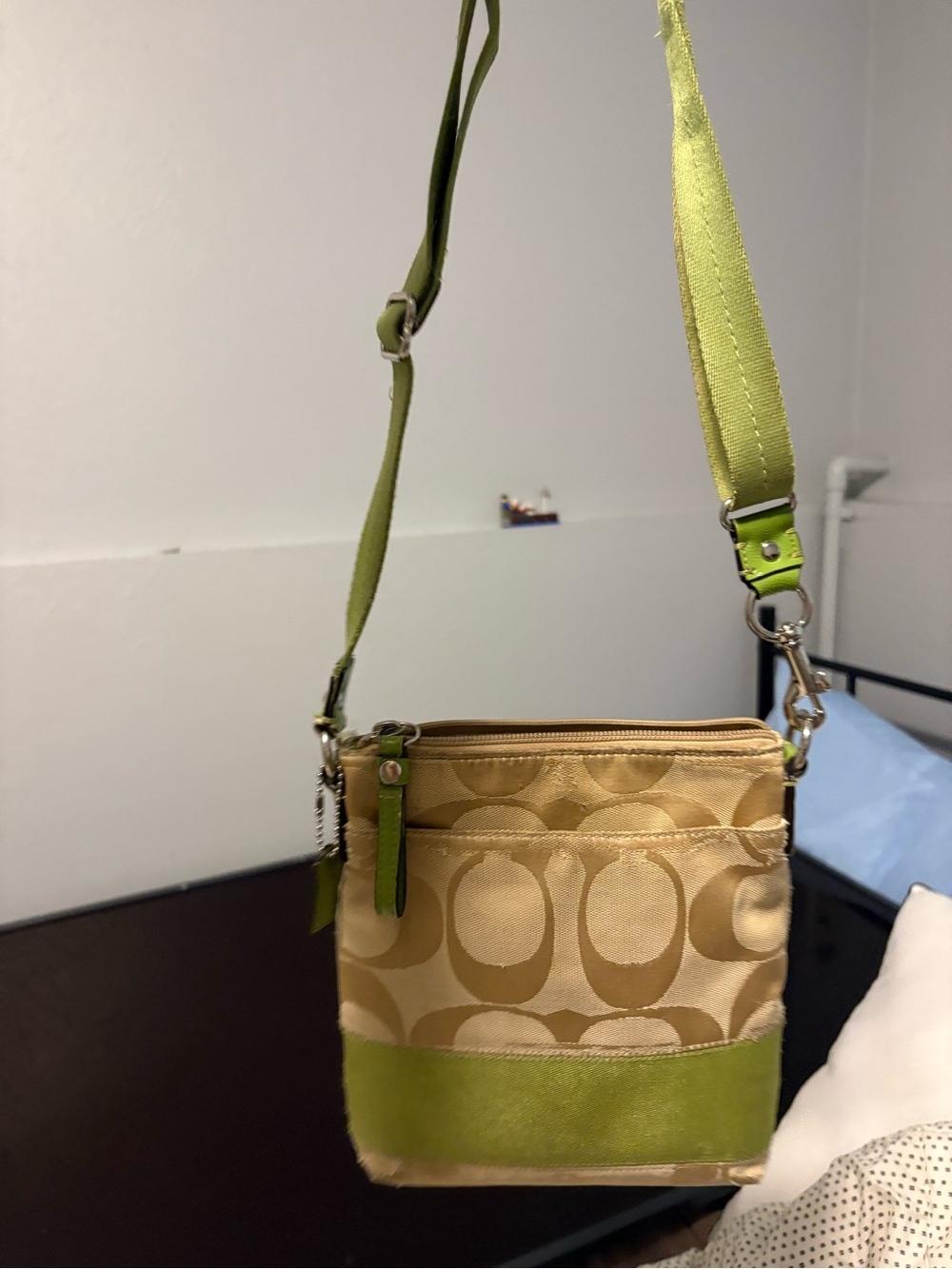 Canvas Crossbody Bag in Green and Tan - Picture 2 of 5